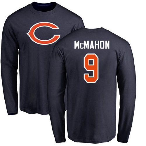 Chicago Bears Men Navy Blue Jim McMahon Name and Number Logo NFL Football 9 Long Sleeve T Shirt
